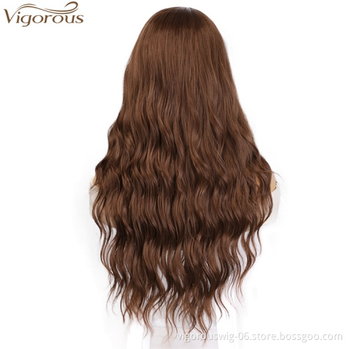 Vigorous Top Quality Fashion For Ladies Long Brown Wavy Wigs Middle Part Synthetic Fiber Wigs For Black Women Wholesales